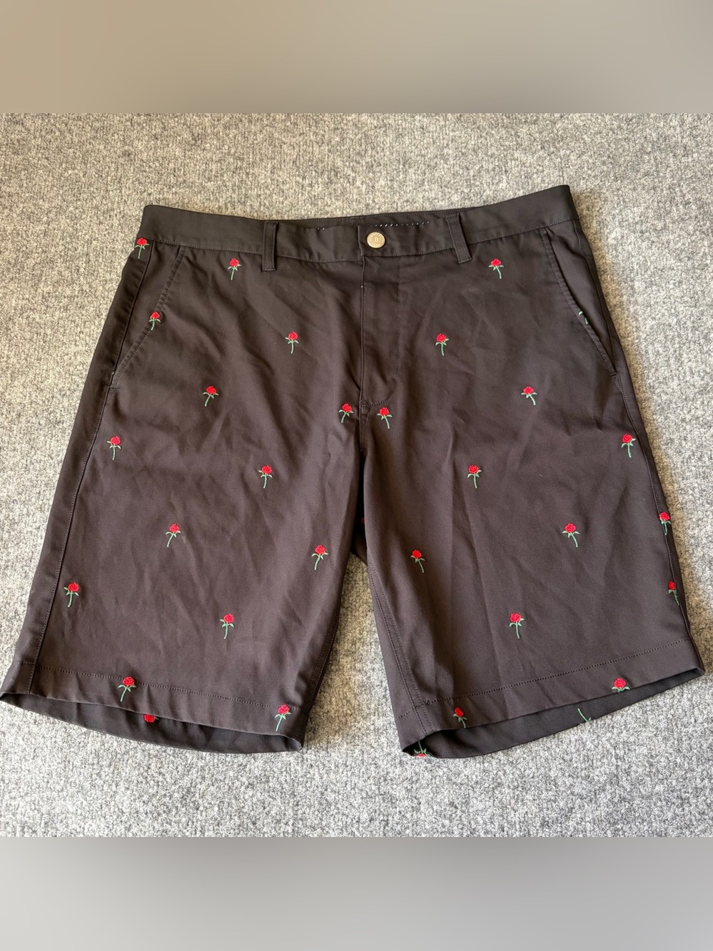 Bonobos Golf‎ Shorts Mens 35 Black Red Rose Embroidered Floral 10in Inseam Flat